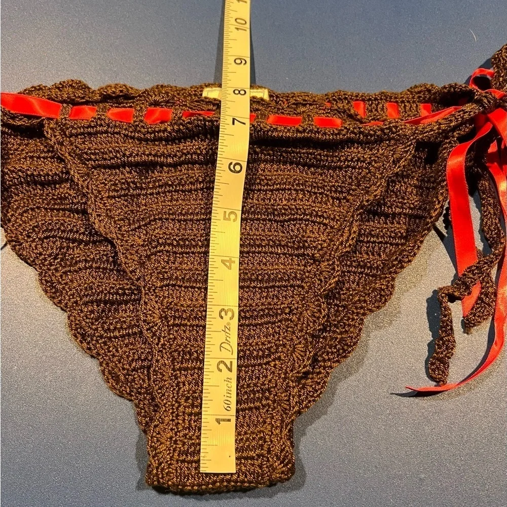 Anna Kosturova Y2K Brown Crochet Pink Ribbon Bikini Boho Hippie Beach - Picture 12 of 12